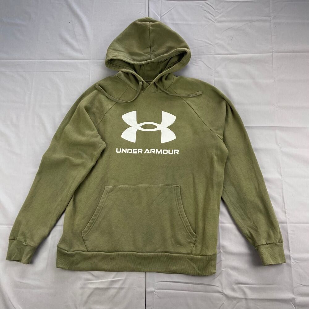 Under Armour Men's Medium Olive Green Logo Pullover Fleece Hoodie 80 Cotton 20